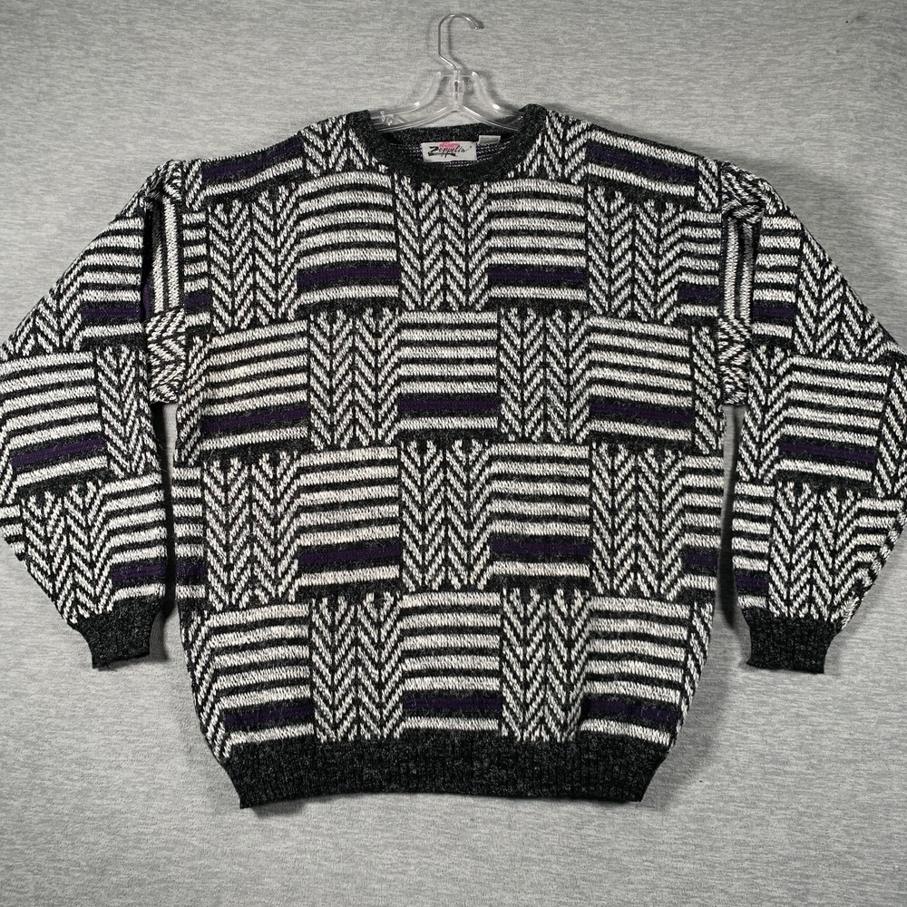 Vintage Zeppelin Sweater‎ Mens XLT Black Geometric Crewneck Heavyweight 90s